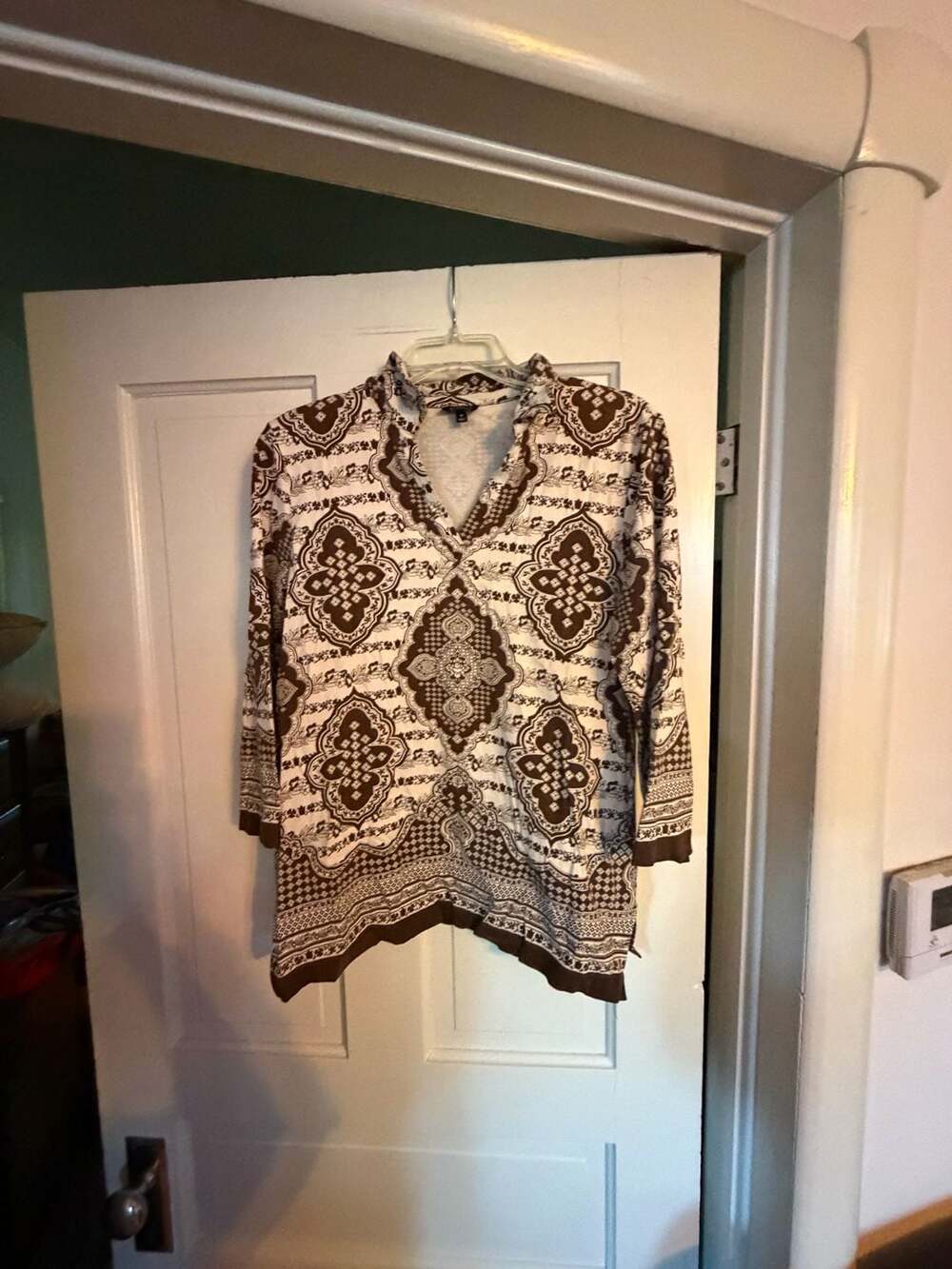 Talbots Brown and Cream Paisley Print V-Neck Tunic Blouse